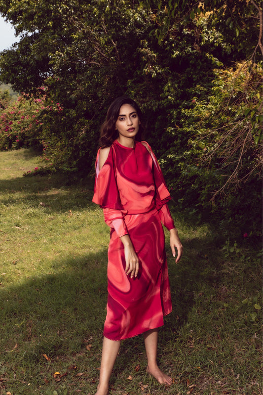 Sage Red Classy Top With Long Skirt Set