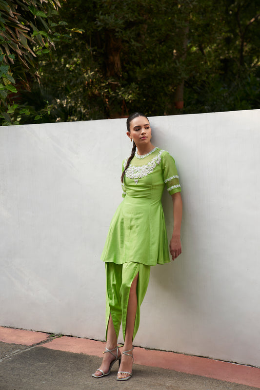 Lime Green Pearl Embroidered Silk Set