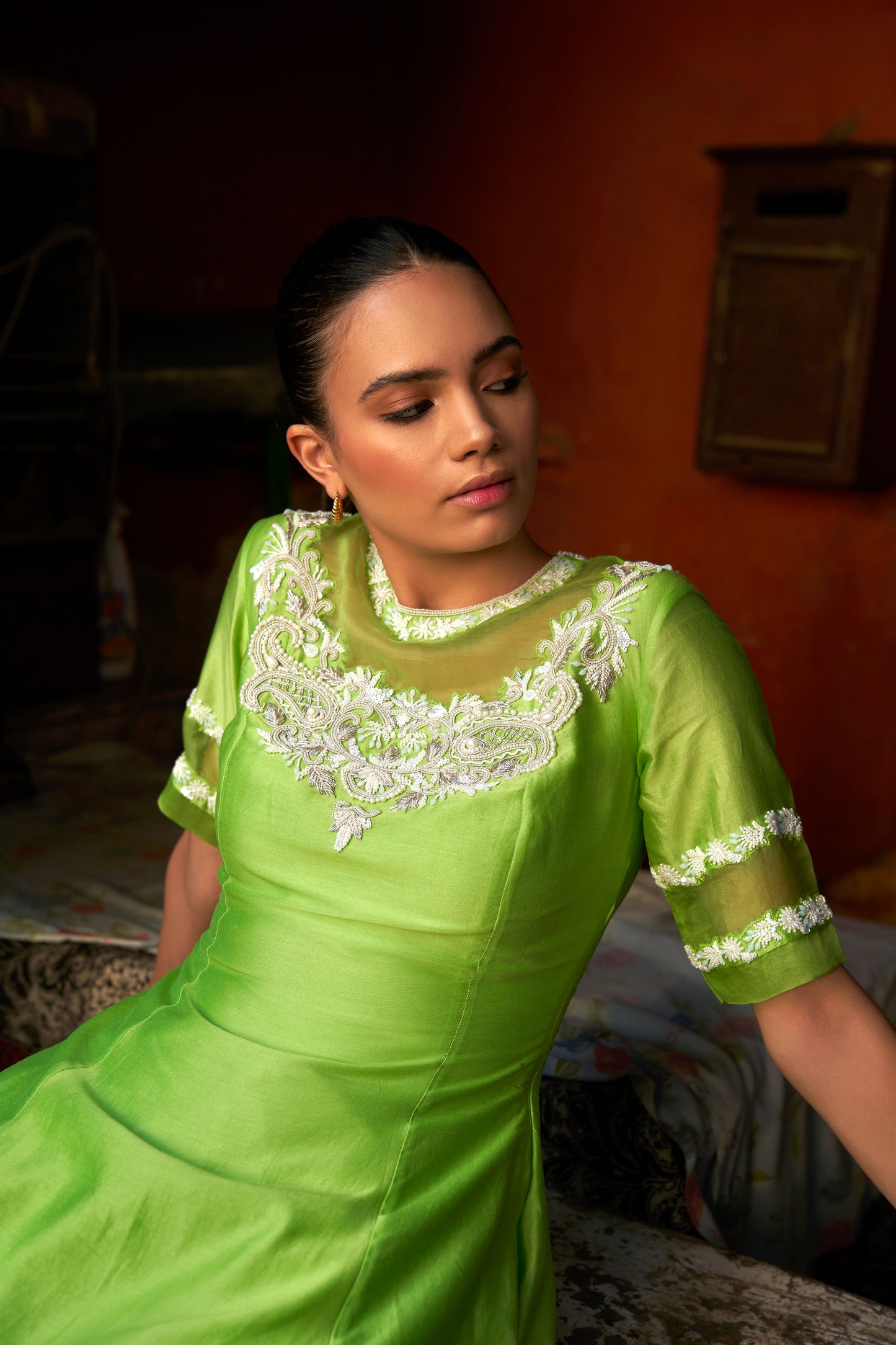 Lime Green Pearl Embroidered Silk Set