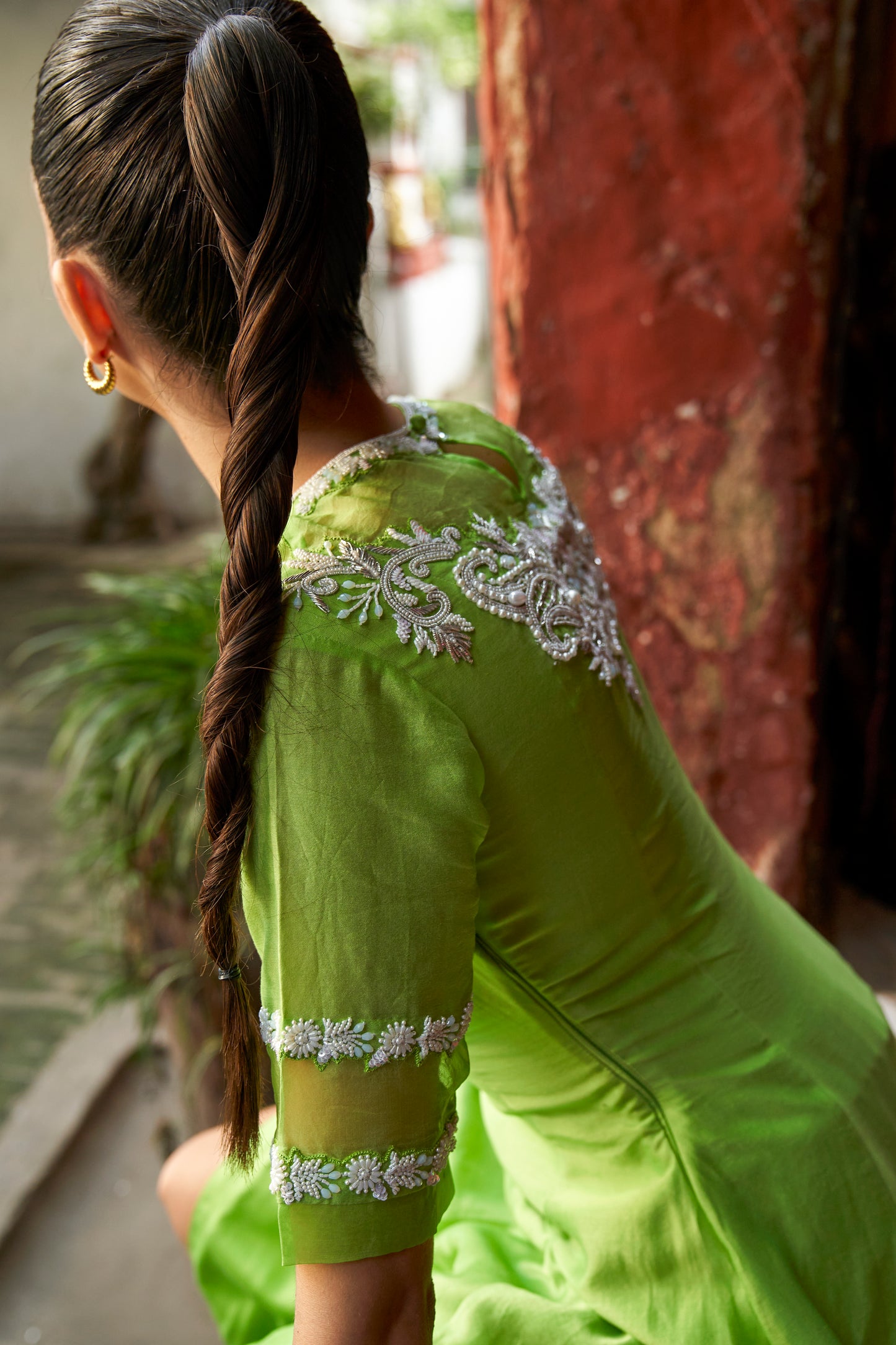 Lime Green Pearl Embroidered Silk Set