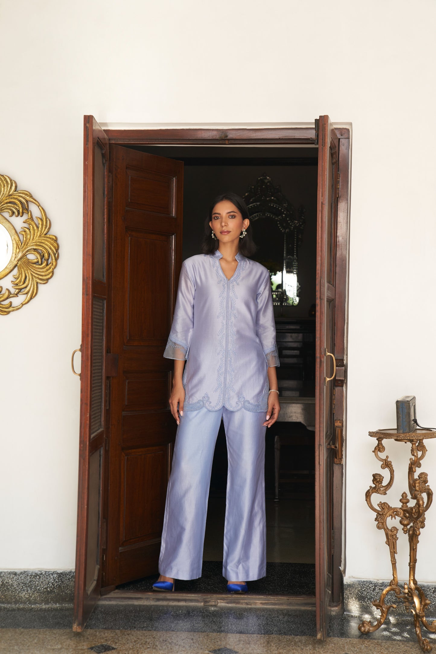 Icy Blue Silk Chanderi Embroidered Kurta Set