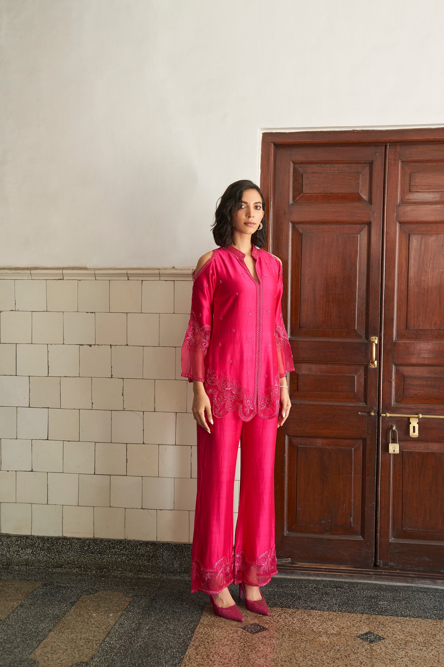 Fuschia Pink Silk Chanderi Embroidered Set