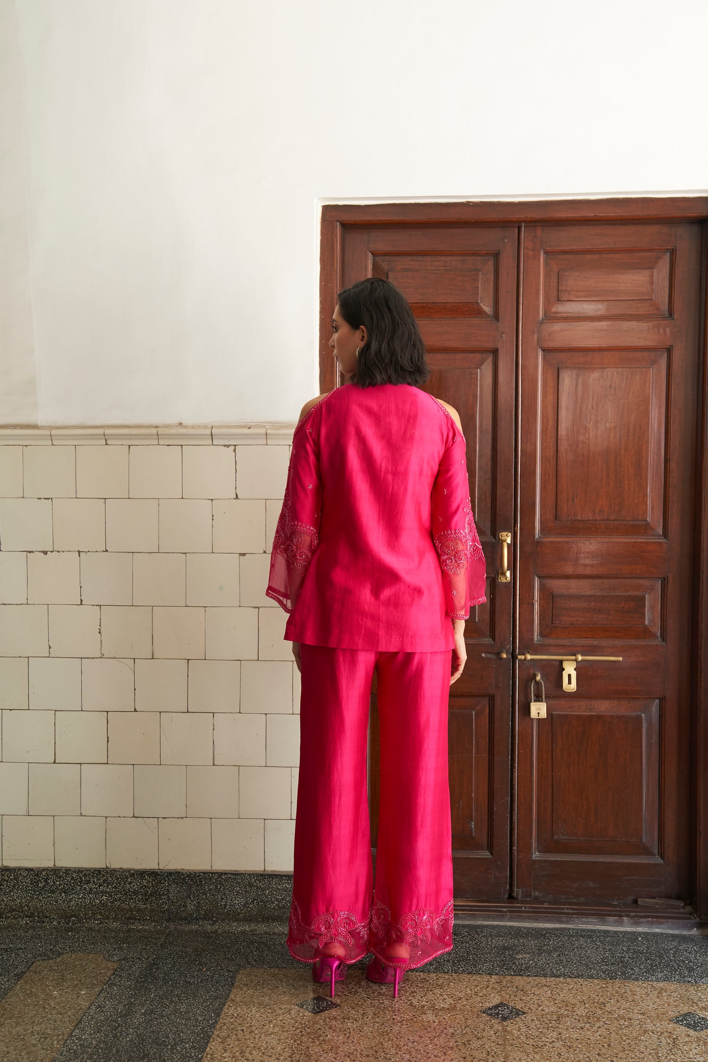 Fuschia Pink Silk Chanderi Embroidered Set