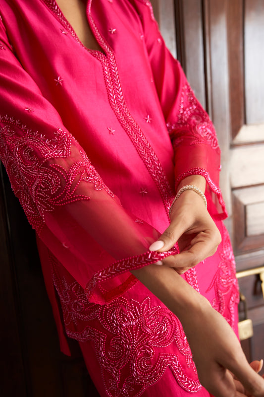 Fuschia Pink Silk Chanderi Embroidered Set