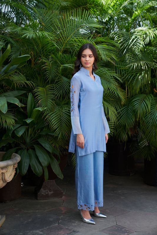 Cloud Blue Floral Sleeve Detail Silk Set