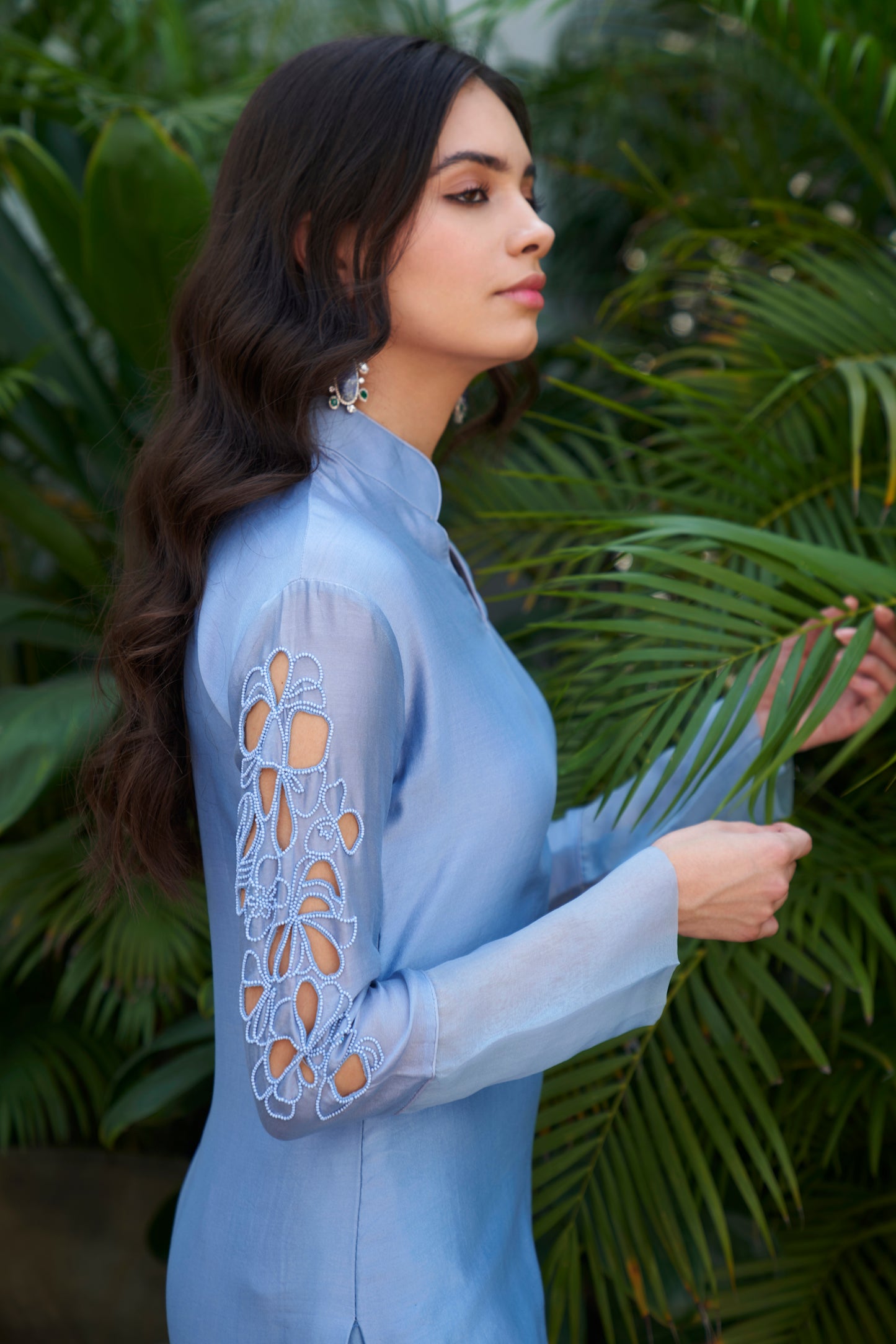Cloud Blue Floral Sleeve Detail Silk Set