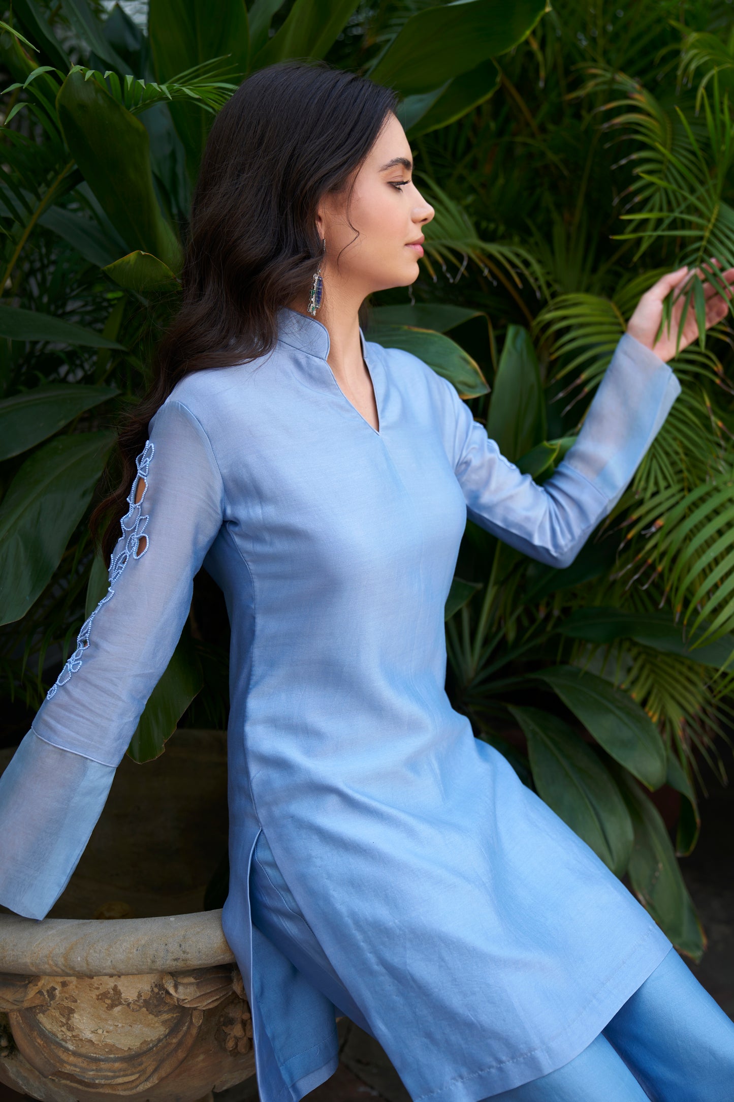 Cloud Blue Floral Sleeve Detail Silk Set