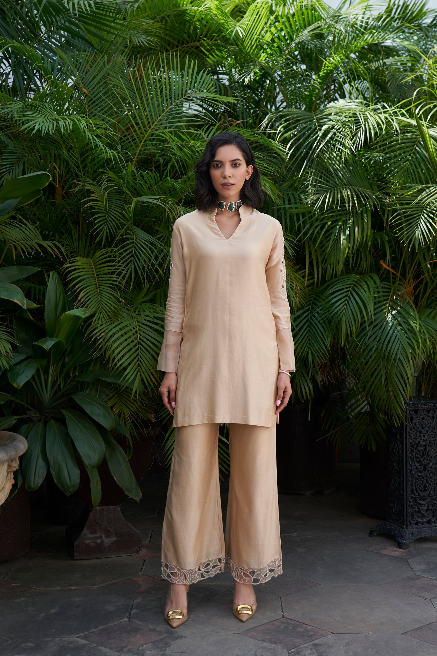 Classic Beige Floral Sleeve Detail Silk Set