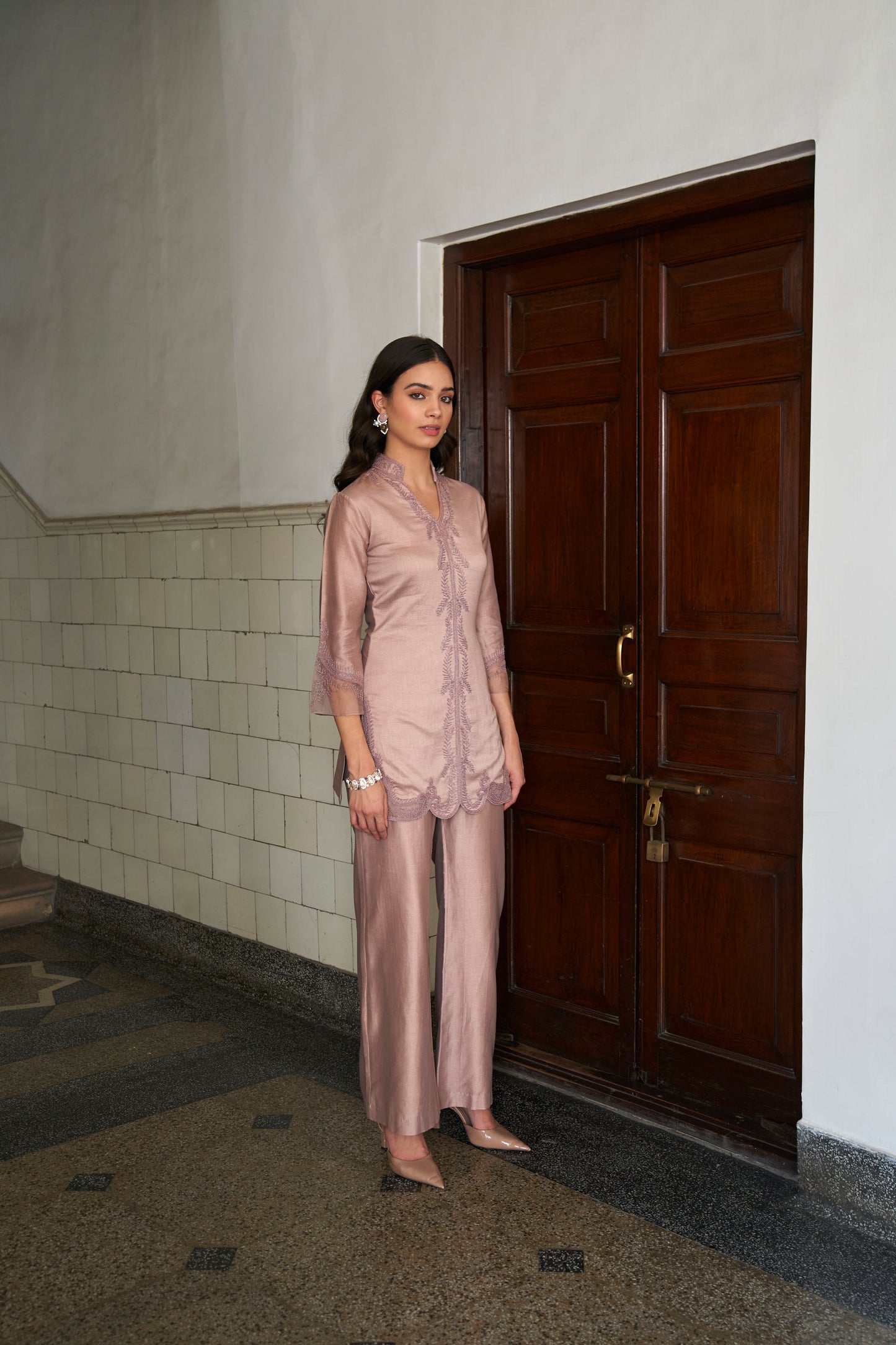 Rose Mauve Silk Chanderi Embroidered Kurta Set