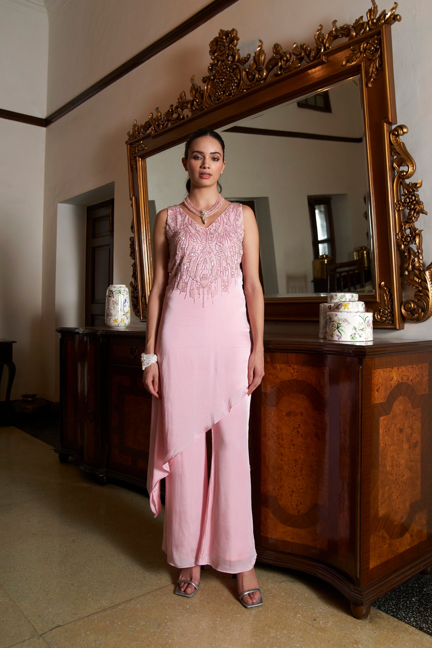 Bubblegum Pink Asymmetrical kurta with Sharara Pants