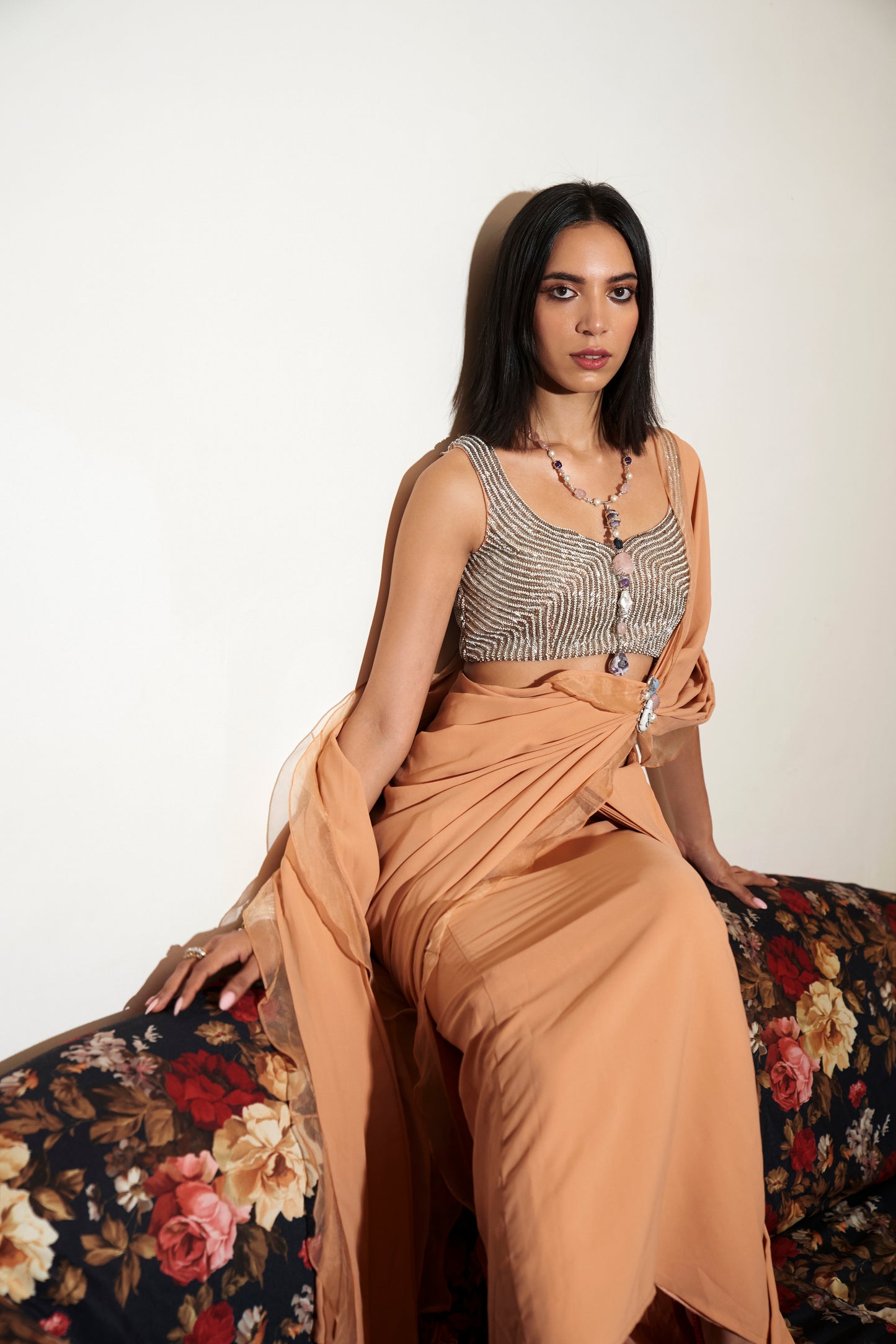 Salmon Peach Pre Stitched Saree with Delicate Embroidered Blouse