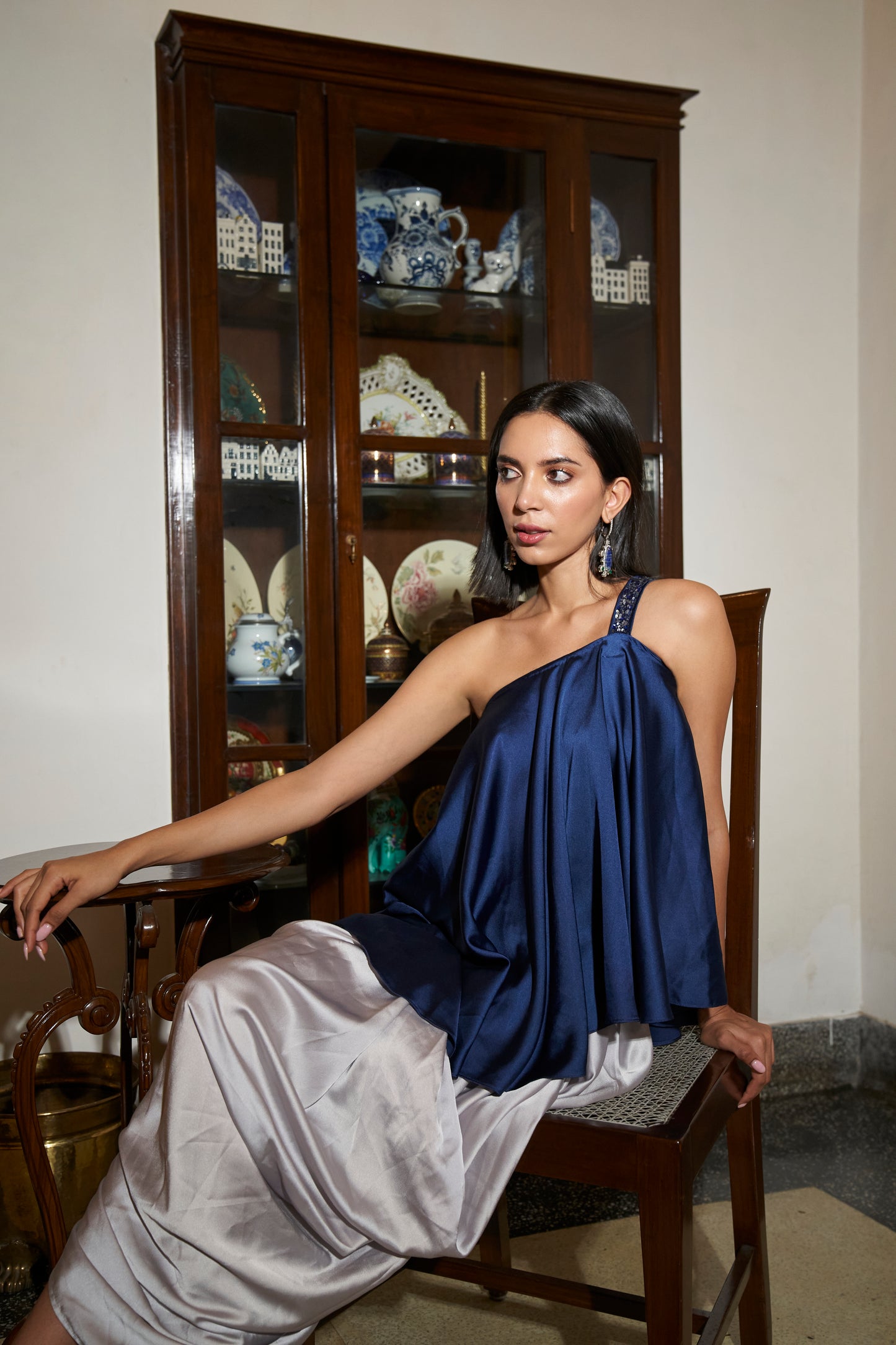 Navy Blue Asymmetrical top with Dhoti Set