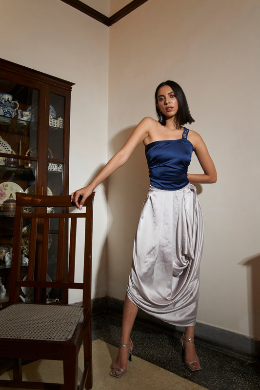 Navy Blue Asymmetrical top with Dhoti Set