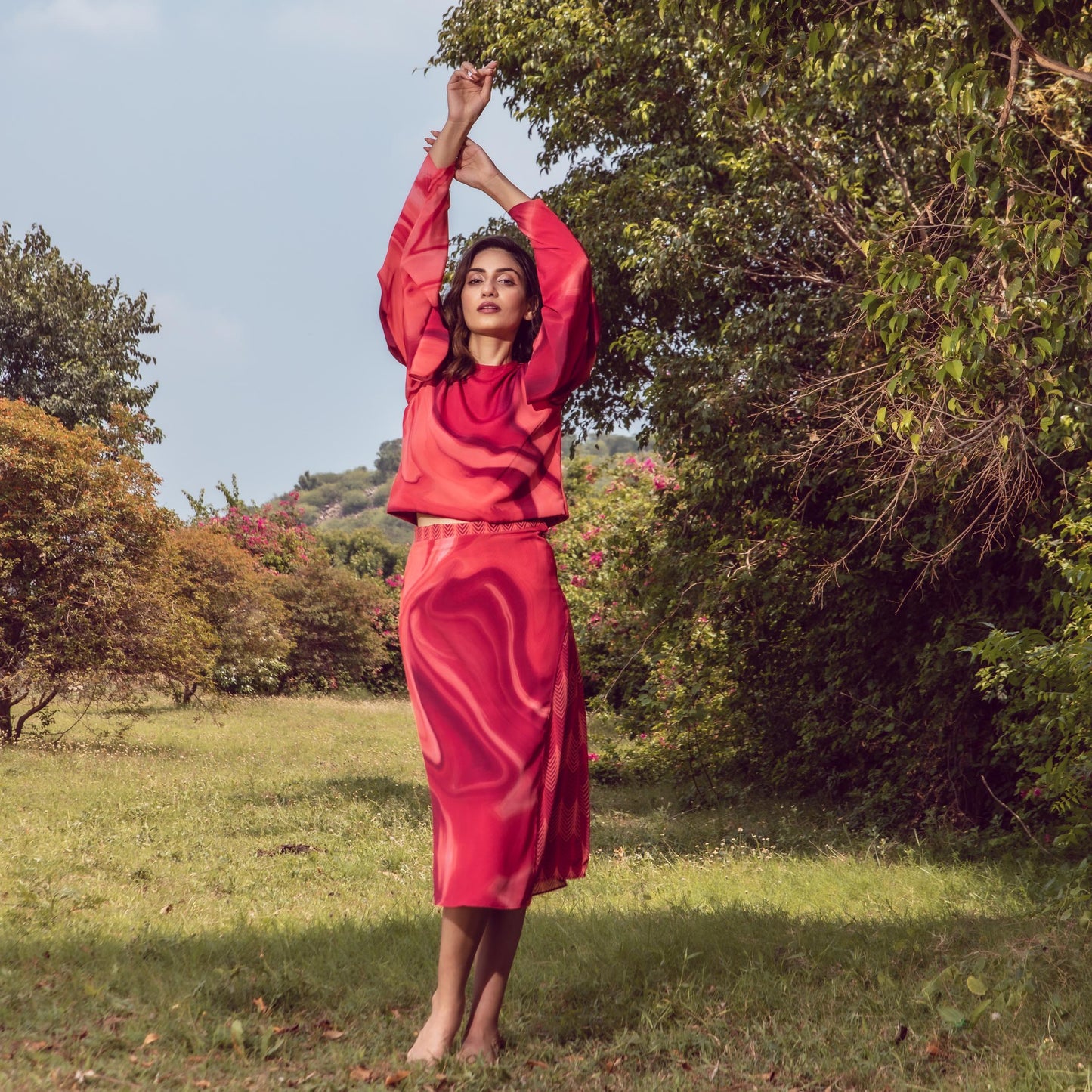 Sage Red Classy Top With Long Skirt Set