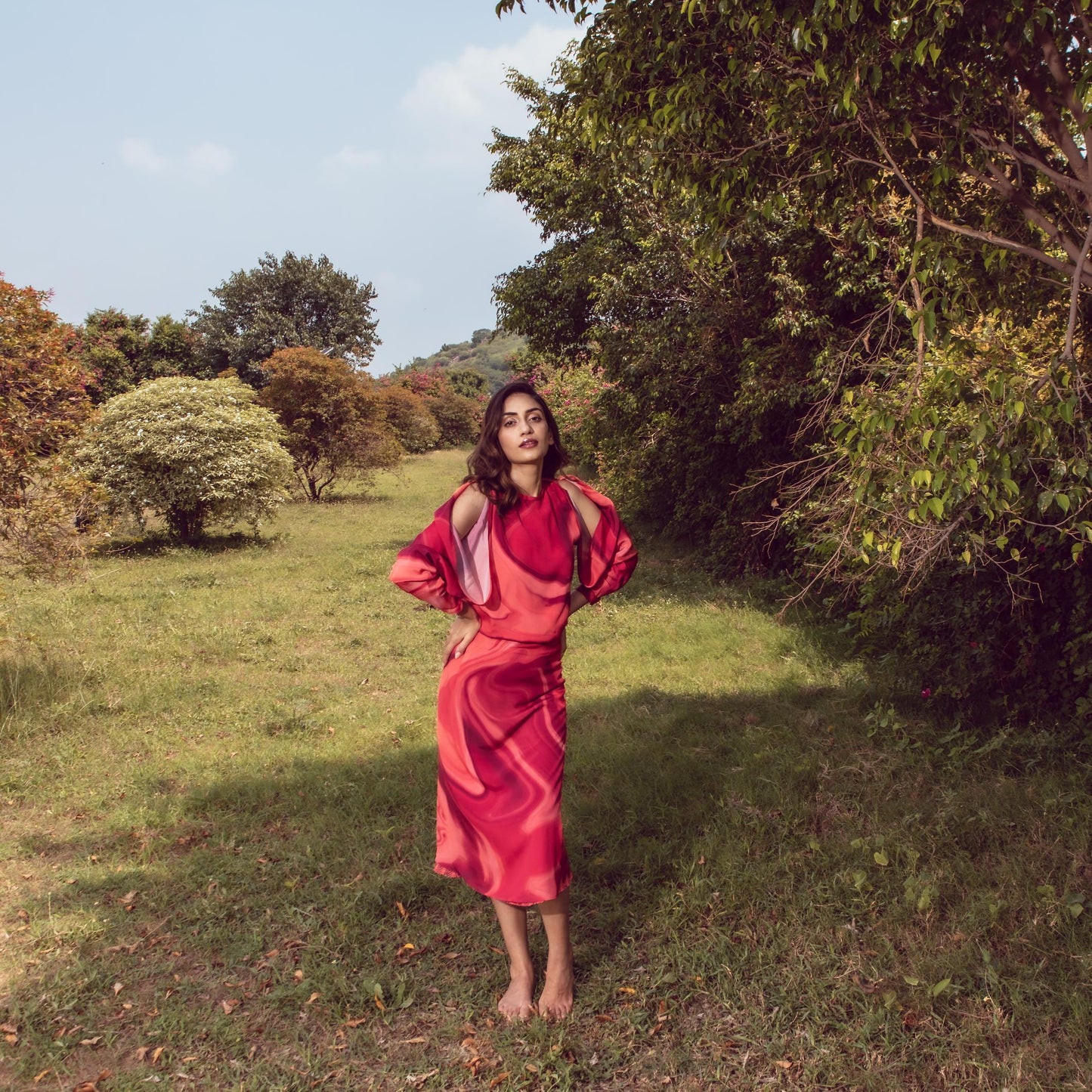 Sage Red Classy Top With Long Skirt Set