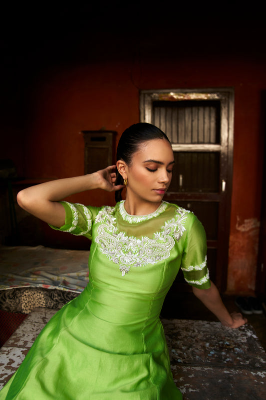 Lime Green Pearl Embroidered Silk Set