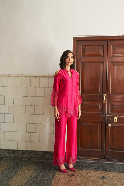 Fuschia Pink Silk Chanderi Embroidered Set