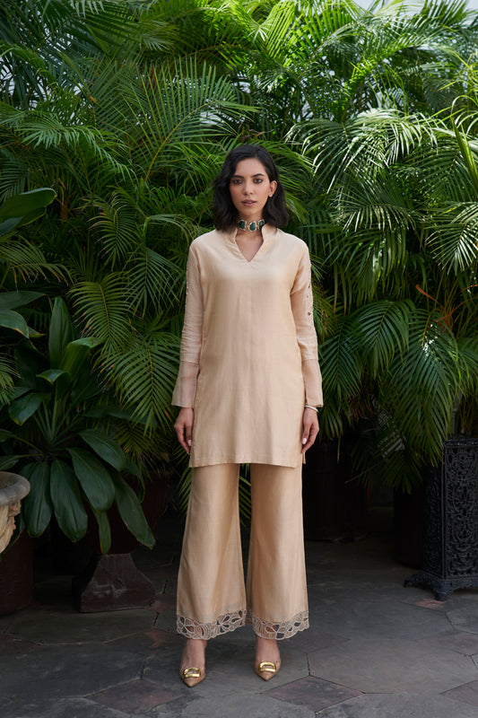 Classic Beige Floral Sleeve Detail Silk Set