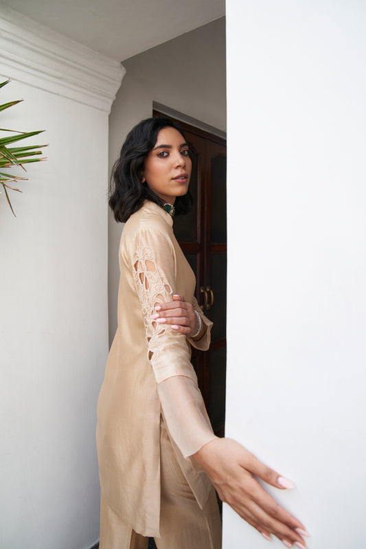 Classic Beige Floral Sleeve Detail Silk Set