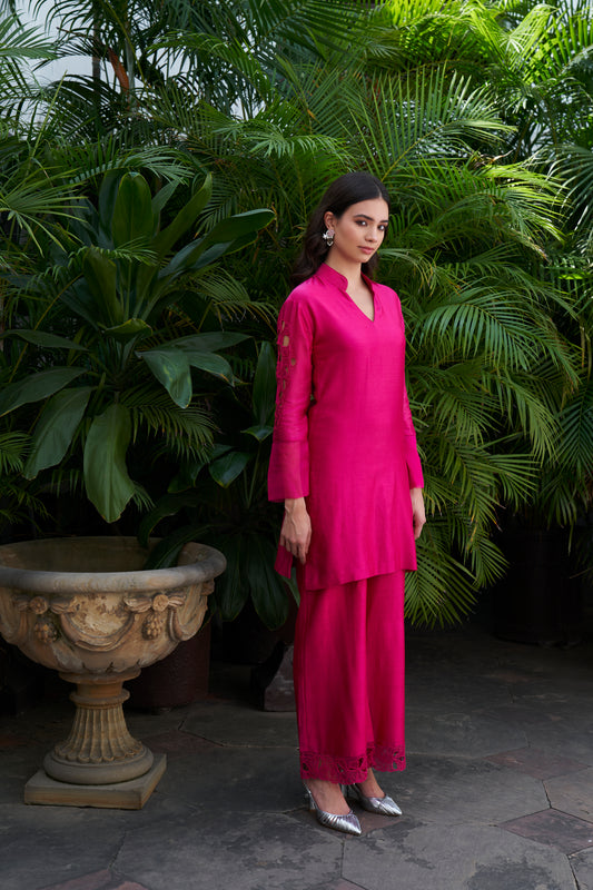 Hot Rosé Floral Sleeve Detail Silk Set