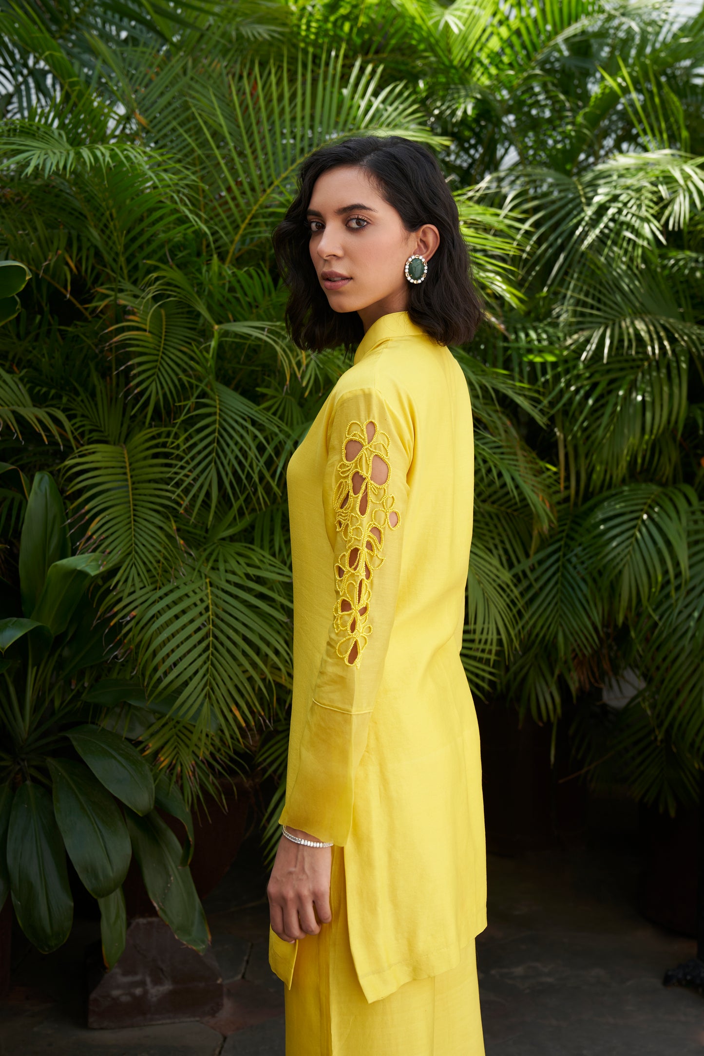 Mellow Yellow Floral Sleeve Detail Silk Set