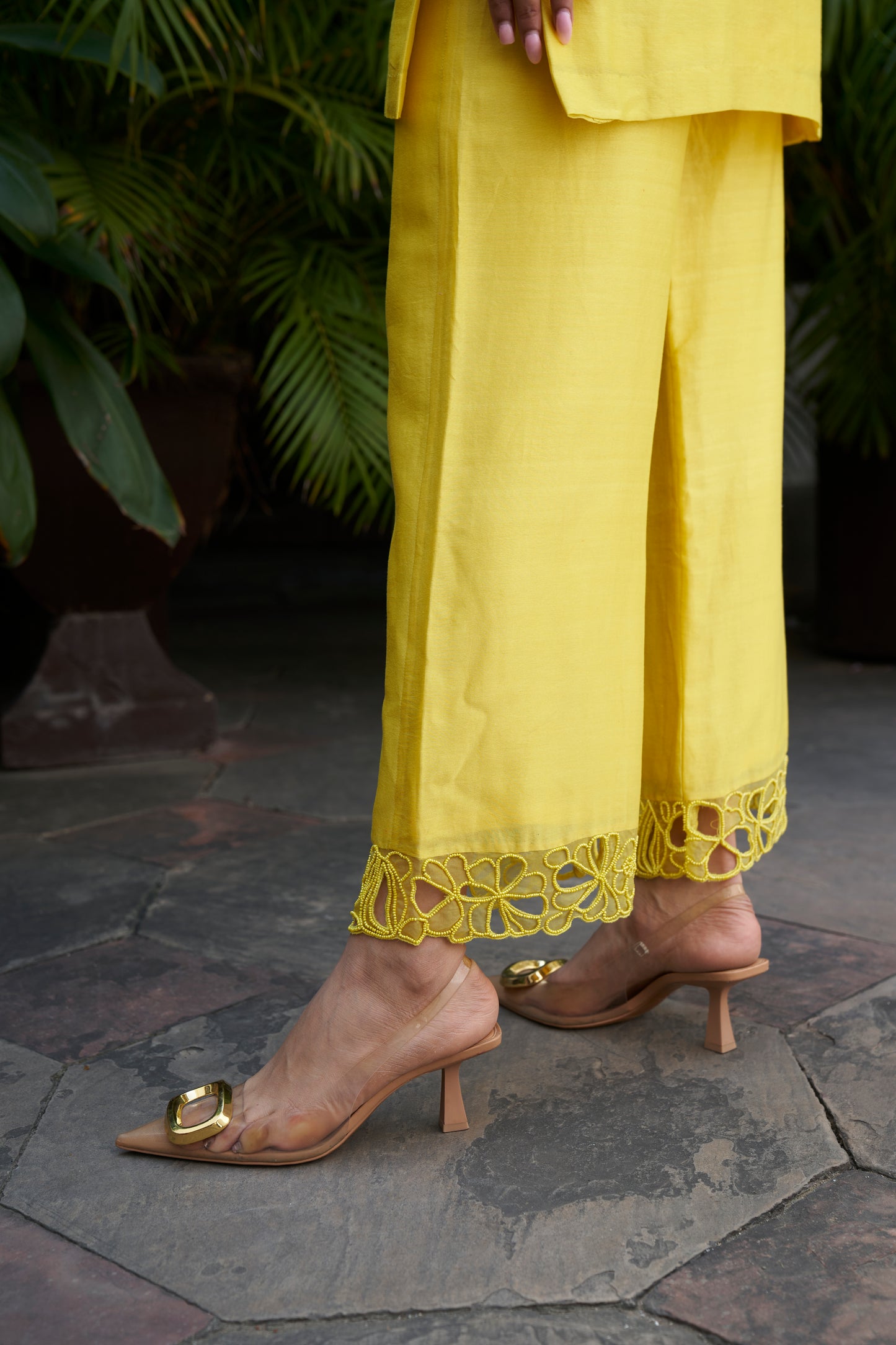 Mellow Yellow Floral Sleeve Detail Silk Set