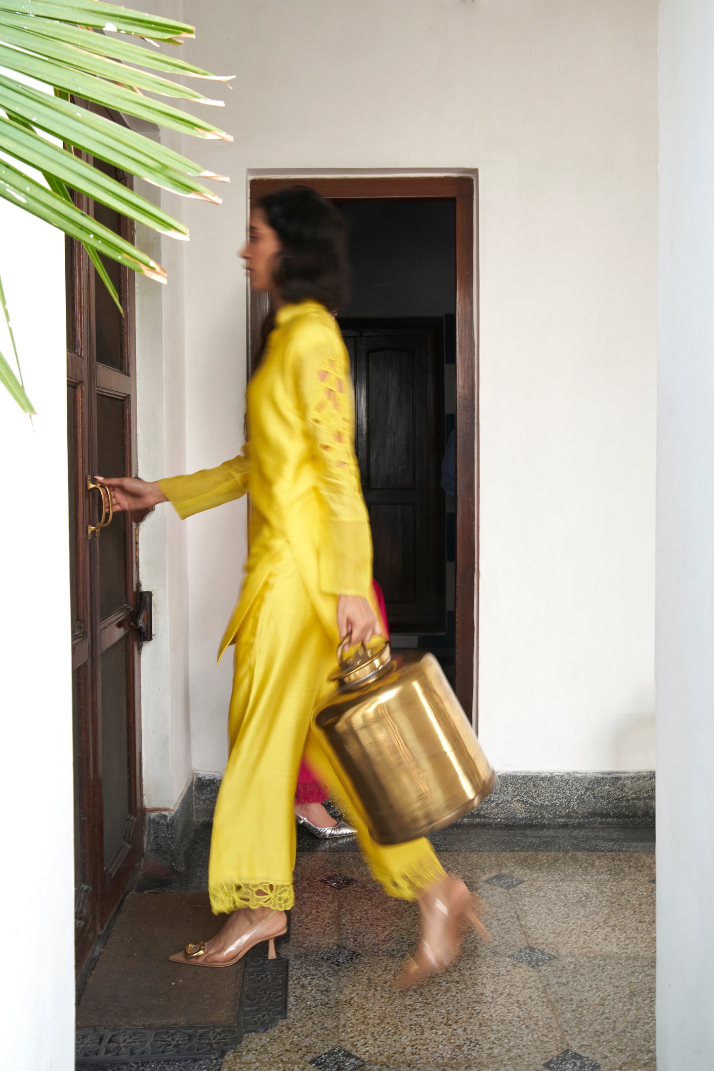 Mellow Yellow Floral Sleeve Detail Silk Set