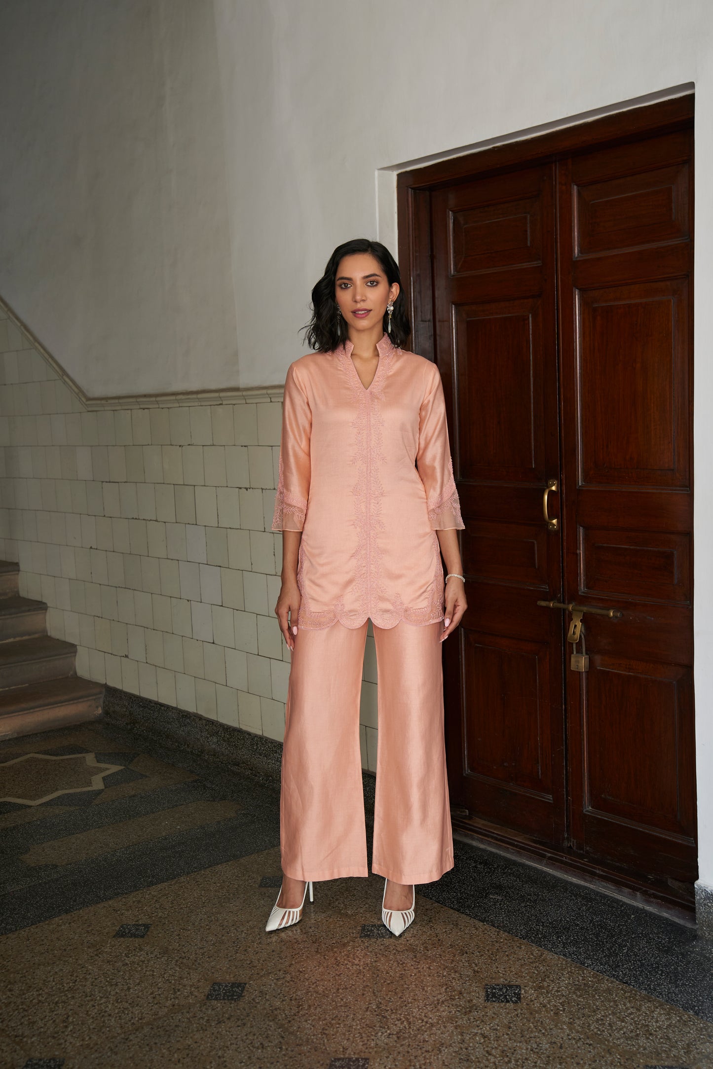 Peach Silk Chanderi Embroidered Kurta Set