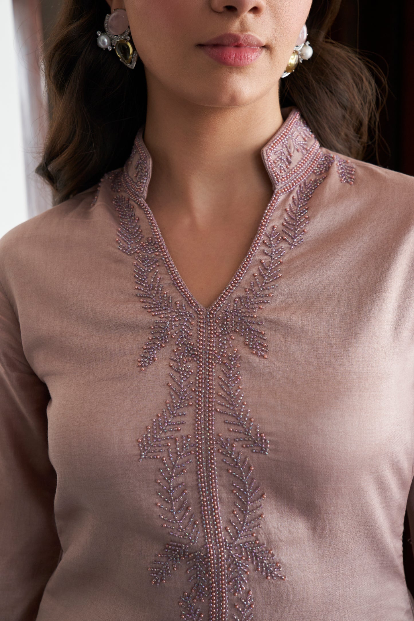 Rose Mauve Silk Chanderi Embroidered Kurta Set