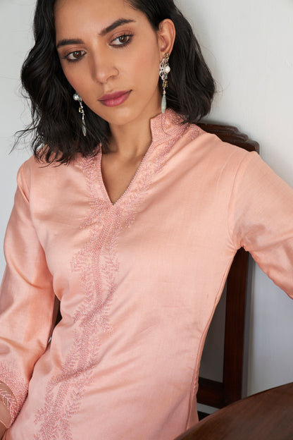 Peach Silk Chanderi Embroidered Kurta Set