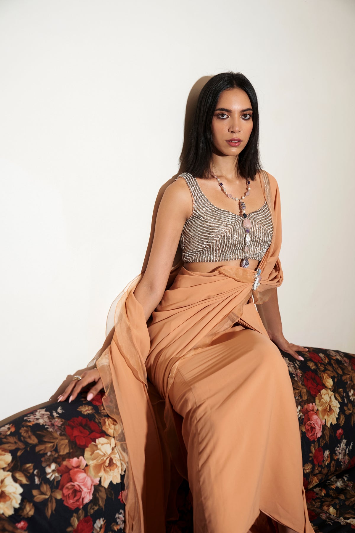 Salmon Peach Pre Stitched Saree with Delicate Embroidered Blouse