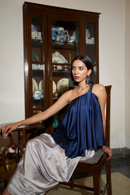 Navy Blue Asymmetrical top with Dhoti Set